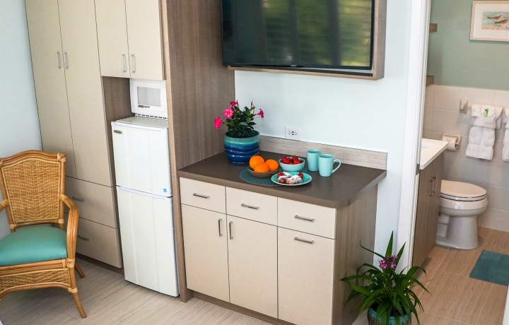 Newly remodeled coffee station in motel room